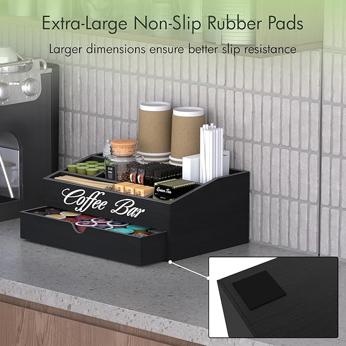 Suli Coffee Station Organizer,Extra Large Wooden Countertop Pods Holder with Drawer,Storage for Condiment Syrup Tea Cups,Rustic Bar Decor for Accessories Organizer (2 Tiers 11 Compartments)-Black