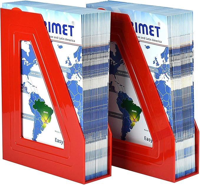 Acrimet Magazine File Holder – Vertical Rack for Documents, Folders and Mail, Durable Plastic Desk Organizer for Office & Home, Solid Red (2 Pack)