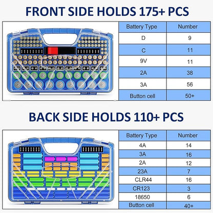 Battery Organizer Storage Holder Box Case with Tester, Stores & Protects Up to 285+ Batteries, Double-Sided and Durable Design,Holds AA AAA 4A C D Cell 9V 3V Lithium LR44 CR2 CR123 (Blue)