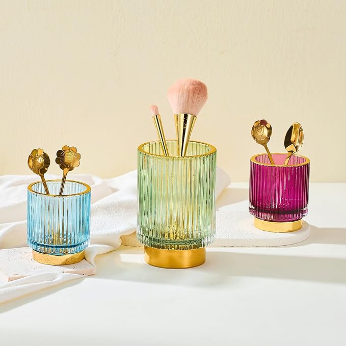 LEICURACE Makeup Brush Organizer, Toothbrush Holder, Desk Pen Pencil Holder, Multifunctional Vintage Glass Brush Cup (S/Blue/A3-13-US)