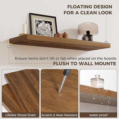Fun Memories 12 Inch Deep Floating Shelves for Wall, 20 Inch Long Wall Mounted Storage Shelf with Invisible Brackets, 3 Pack Hanging Wood Shelf for Farmhouse, Bedroom, Kitchen, Living Room, Walnut