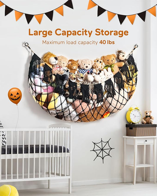 Stuffed Animal Storage Hammock with Lights- Boho Wall Hanging Plushie Net for Stuff Aanimal Organizer and Toy Display, Big Toy Hammock for Kids boys Bedrooms Playroom Nursery(Black)