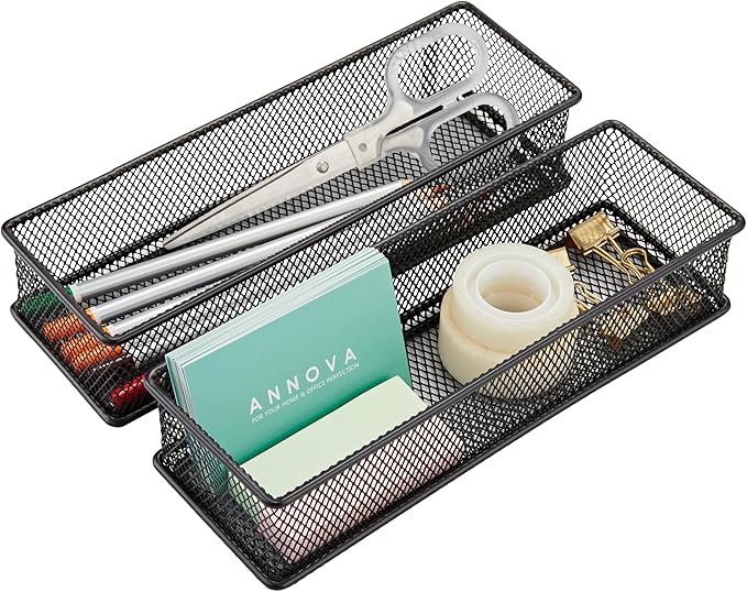 Annova Mesh Stackable Drawer Cabinet and Shelf Organizer Bins Storage Basket School Office Supply Holder Tray- Set of 2 (Black, 3x9x2 Inch)