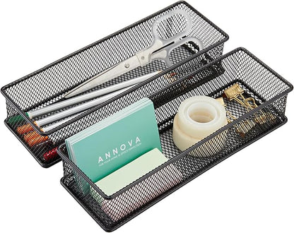 Annova Mesh Stackable Drawer Cabinet and Shelf Organizer Bins Storage Basket School Office Supply Holder Tray- Set of 2 (Black, 3x9x2 Inch)