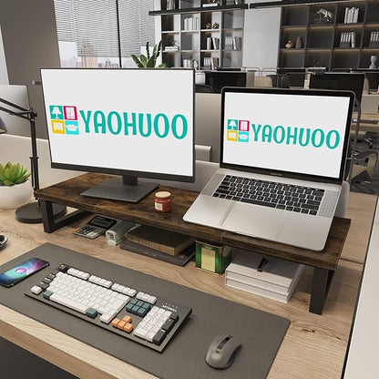 YAOHUOO Dual Monitor Stand Riser, 39Inch Large Monitor Stands for 2 Monitors, Computer Monitor Stand, Wooden Desktop Oraganizer Shelf for Office Desk Computer,Laptop,TV