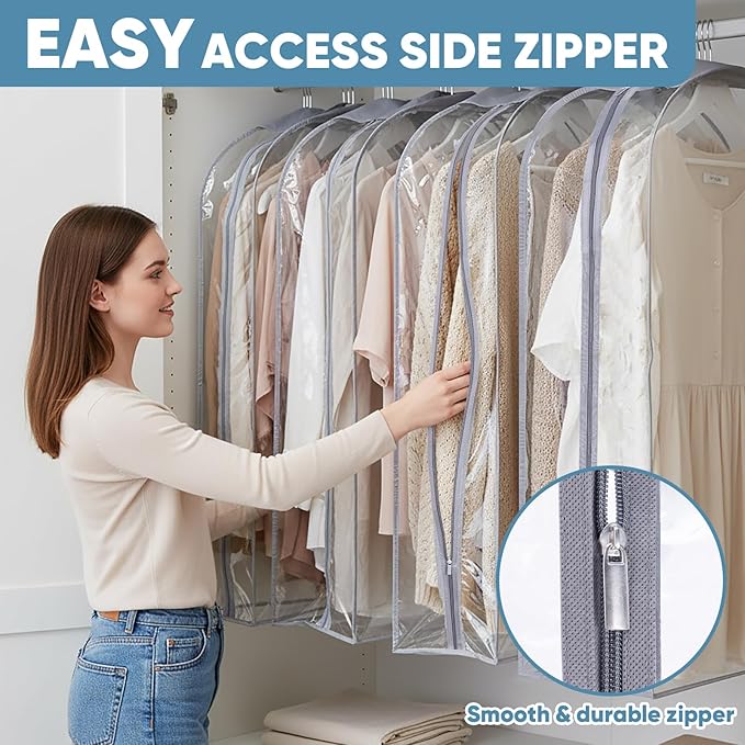 BALEINE 40'' Clear Garment Bags for Hanging Clothes, 10.5'' Wide PEVA Suit Bag for Closet Clothes Dresses Coat (Clear, 3PK)