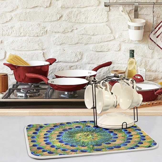ZzWwR Beautiful Peacock Feathers Absorbent Dish Drying Mat Microfiber Kitchen Countertop Table Protector Multi-Purpose Counter Rack Sink Drainer Pad (16" x 18")