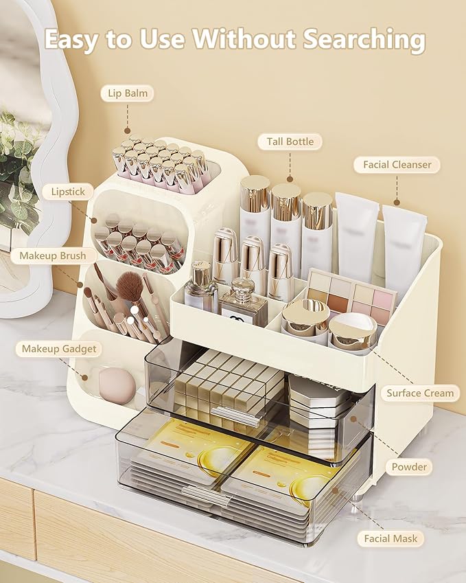 Anylady Makeup Organizer with Drawers, Skincare Organizer (Large Size Thick), Storage Box Cosmetic Display Cases, Make up Organizers for Vanity, Dresser, Desk, Kitchen, Countertop (cream)