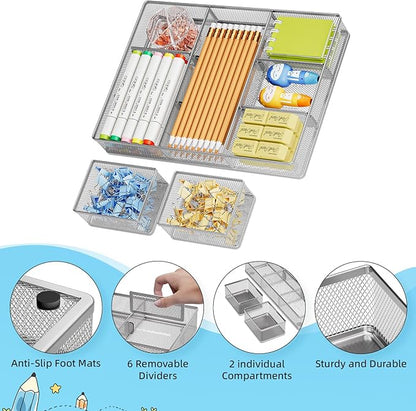 Marbrasse 3 Packs Desk Drawer Organizers, Metal Mesh Dividers with 9 Adjustable Compartments, Pen Organizer for Drawer Tray Box Accessories for Desktop,Kitchen, Makeup(Silver)