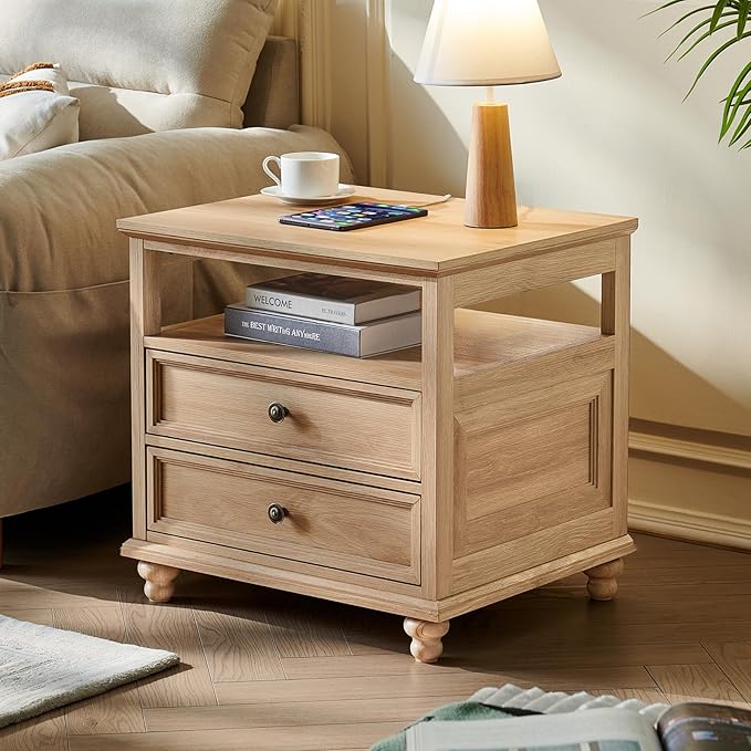 Joaxswe 24" Wide Farmhouse Night Stand,Large End Table with 2 Drawers & Metal Handle,Wood Dresser for Bedroom, Natural Bed Side Table Chest of Drawers Cabinet,Nightstand for Living Room,Closet