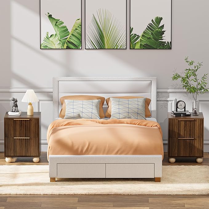 HOCAT Fluted Nightstand, Walnut Finish Bedside Table with Spacious Storage Drawers, Night Stand with Solid Wood Round Legs for Bedroom, End Table, Side Table