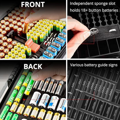 Battery Organizer Storage Holder Box Case with Tester- 269 Batteries Double-Sided Variety Pack, Holds AA AAA 4A C D Cell 9V 3V Lithium LR44 CR2 CR123 CR1632 18650 Button- Grey