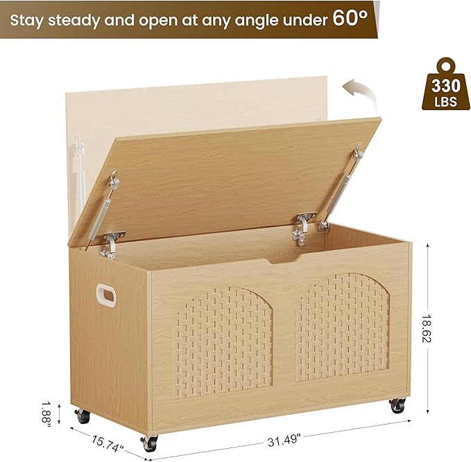 Storage Chest, Rattan-Style Toy Storage Bench with Lid and Wheels, Square Storage Trunk for Entryway, Bedroom, Living Room(Wood)