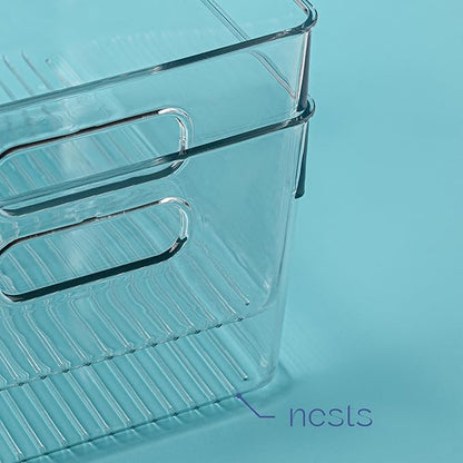 primebox Plastic Food Storage 2 Pack Clear Container Bin with Handles for Organizing Kitchen, Pantry, Refrigerator, Freezer, Pantry, Cabinet, Closet, Bathroom. 10”x7.5”x5.3”