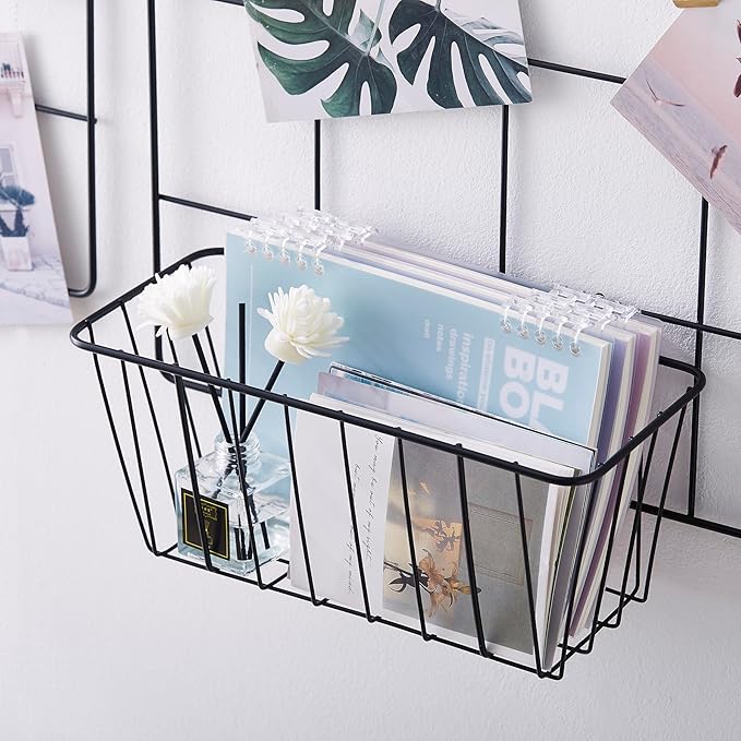 2 Pack Large Grid Wall Baskets with S-Hook - Gridwall Accessories Set Black Metal Hanging Shelf Basket Bins Organizer - Modular Storage Holders for Photo Display Panel Shelving Caddy for Garage