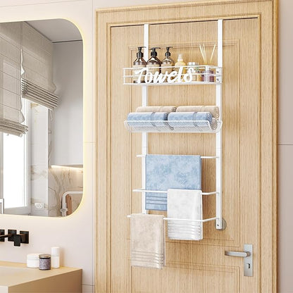 SWTYMIKI Over The Door Towel Racks for Bathroom - 5-Tier Wall Mounted Bathroom Towel Storage Organizer Holder with Metal Shelf, White