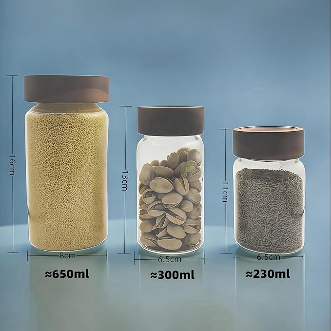 3pcs Airtight Glass Storage Jars with Acacia Wood Lids Kitchen Storage Tank for Grains Sugar Coffee Tea Spices