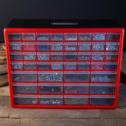 Set of Two Storage Bins with Drawers – Pair of 44 and 24 Drawer Desktop or Wall Mount Plastic Tool Organizers for Hardware or Crafts by Stalwart (Red)
