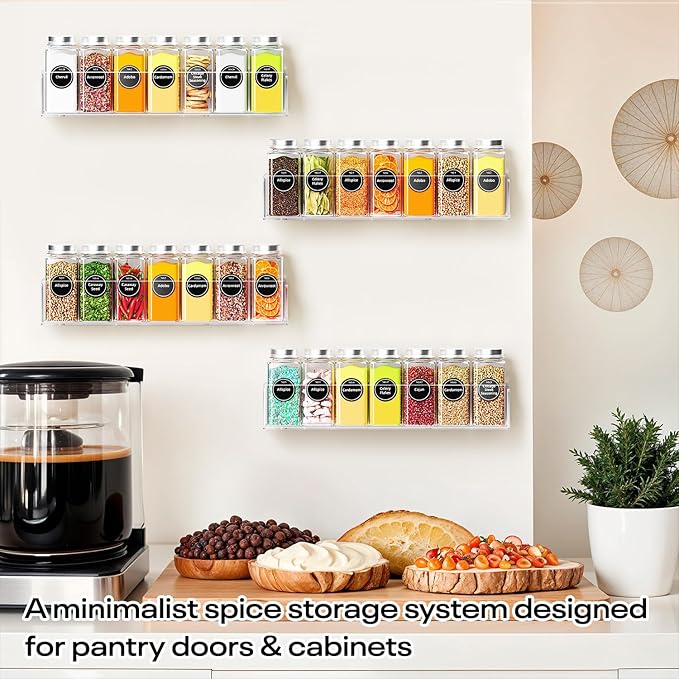 Wall Mounted Acrylic Spice Rack 2 Pack, 9 Inch Clear Pantry Door Organizer, Floating Spice Organizer, Adhesive or Screw Mounted Cabinet Seasoning Shelf