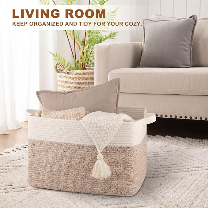 Blanket Basket for Living Room, Cotton Rope Basket for Storage, Toy Baskets Bin for kids, Woven Baskets with Handles for Clothes, Towels, Pillows, 20" x 16" x 12", Brown and White