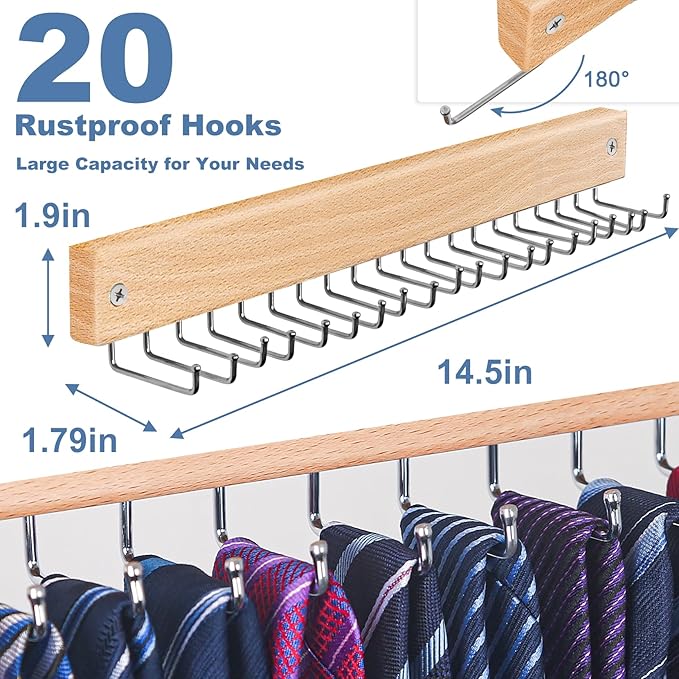 【2 in 1】 2 Pack Tie Organizer Belt Organizer Wall Mounted, Space Saving Tie Rack Belt Hanger for Closet with 40 Storage Hooks, Belt Tie Holder for Closet Organizer Storage Natrual