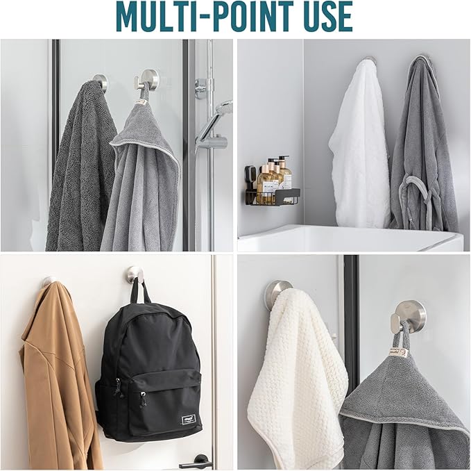TAILI 304 Stainless Steel Bathroom Suction Hooks for Towel, Bathrobe, Loofah, No Damage Hanging Glass Shower Wall Hook, Patented Strong Suction Cup Holder, Hold Up to 11 Lbs, 2 Pack, Silver