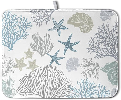 Wnoesat Coastal Dish Drying Mats for Kitchen Counter 18 x 24 Inch Summer Beach Drying Mat Coral Starfish Nautical Dish Rack Mat Ocean Themed Microfiber Absorbent Dish Drying Pad with Hanging Loop