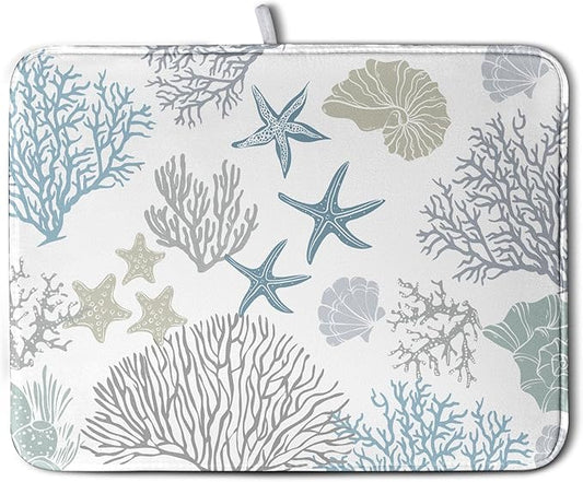 Wnoesat Coastal Dish Drying Mats for Kitchen Counter 18 x 24 Inch Summer Beach Drying Mat Coral Starfish Nautical Dish Rack Mat Ocean Themed Microfiber Absorbent Dish Drying Pad with Hanging Loop