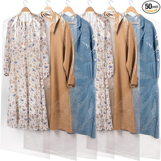 50 Pack 72inch Extra Long Plastic Garment Bag Dust Proof Clear Plastic Clothes Covers for Hanging Clothes Dry Cleaning Bags for Long Dresses, Skirt, Coat(24x72inch)