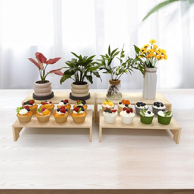 4Pcs Large Display Riser Wood Risers Cupcake Display Stand 2 Tier Racks Rectangular, 2 Set Perfume Decorative Display Dessert Stands for Vendors Event (Large/2Pack Nature)