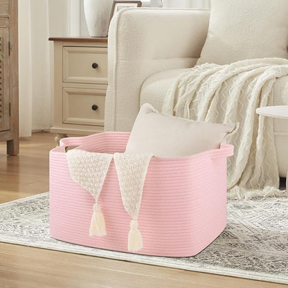 Large Blanket Basket, Blanket Storage Living Room, Rectangle Woven Baskets for Storage Toys, Towels, Dirty Clothes Organizer Bins (Pink)
