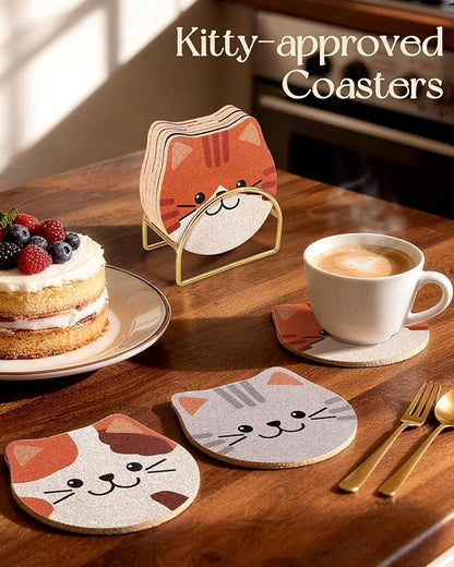 Oqplog Cat Drink Coasters for Desk Coffee Table Set of 6-Funny Cork Cup Holder Coaster for Office Home Outdoor Cute Decor Gifts for Women Family
