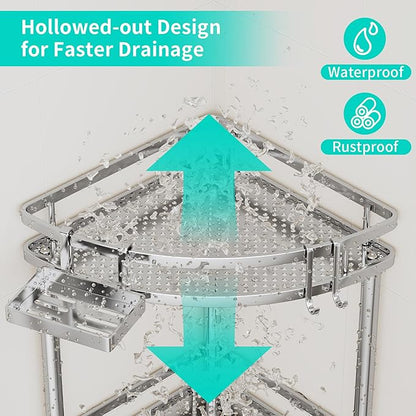 HapiRm Standing Corner Shower Caddy - 3 Tier Shower Organizer Corner with Soap Holder and 4 Hooks, Rustproof Bathroom Storage Shelves with Adhesives, Silver