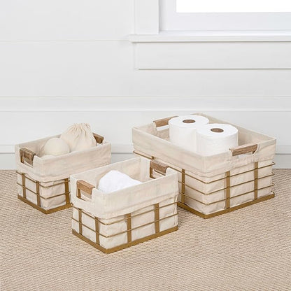 happimess BSK3002D-3SET Callan Vintage Industrial Wire Metal Nesting Storage Baskets with Wood Handles and Fabric Liner for Shelves, Cabinets, Pantry, Countertop, Mesh Open Bin, Gold (Set of 3)