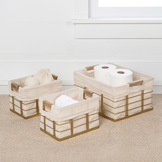happimess BSK3002D-3SET Callan Vintage Industrial Wire Metal Nesting Storage Baskets with Wood Handles and Fabric Liner for Shelves, Cabinets, Pantry, Countertop, Mesh Open Bin, Gold (Set of 3)