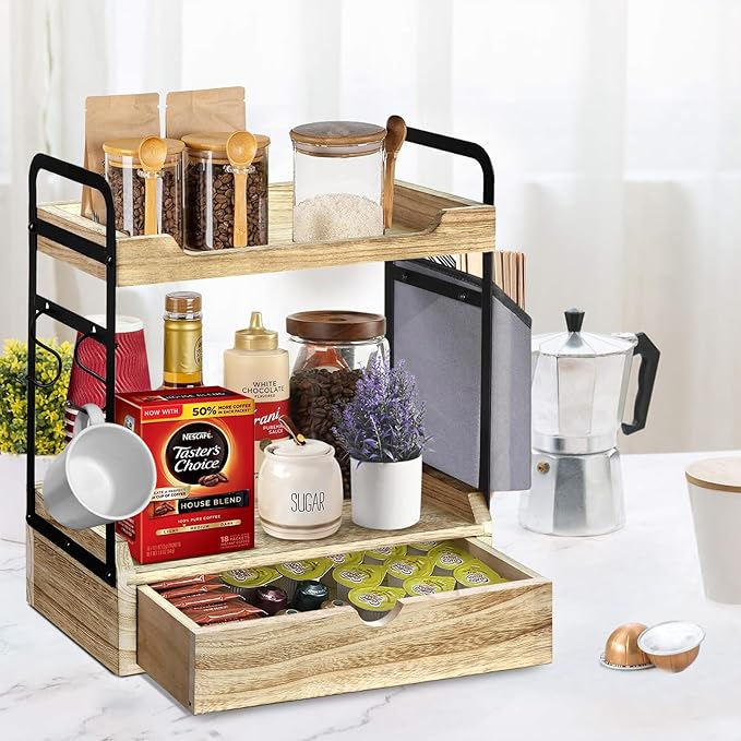 Wooden Coffee Bar Organizer - 2-Tier Station with Pod Holder, Syrup Snack Organizer and Hooks (Brown)