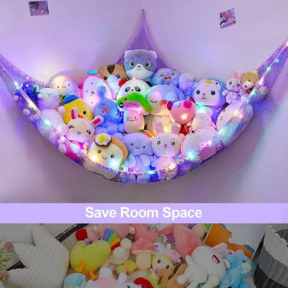Unicorn Castle Stuffed Animals Net or Hammock Kids Toy Storage Organizer with LED Light Hanging Corner Stuffed Animals Holder Kids Girls Room Decor,Purple,Large (Pack of 1)