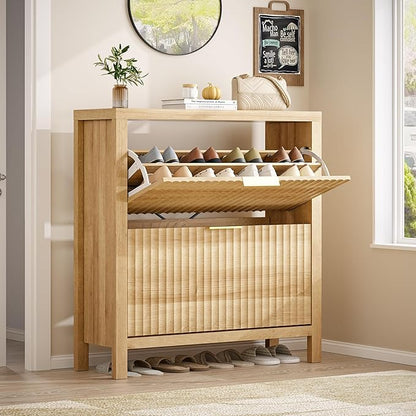 YOMILUVE Shoe Cabinet Storage for Entryway, Fluted Shoe Cabinet with 2 Flip Drawers, Hidden Shoe Rack Tall Freestanding Shoe Organizer with Legs for Hallway, Wood