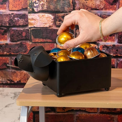 Made Easy Kit Coffee Pod Organizer Compatible with Nespresso Vertuo and Original - Countertop Sculpture Holder Basket Style for Café Bar, Corner Station Office Break Area (Dog Black Square)