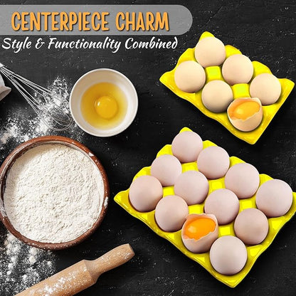 Flexzion 12 + 6 Cups Ceramic Egg Holder for Fridge - 18 Porcelain Egg Tray Container Keeper Storage Organizer Decorative Serving Stand Serveware for Refrigerator Countertop Display Kitchen (Yellow)