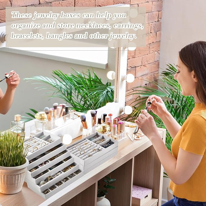 Junkin 18 Pcs Velvet Jewelry Tray Stackable Jewelry Drawer Organizer Jewellery Box Divided Display Tray for Earring Bangle(Gray)