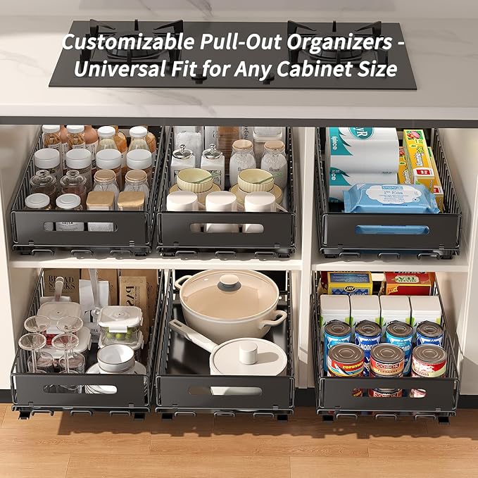 2 Pack Pull Out Cabinet Organizer, Slide Out drawers for cabinets, Heavy Duty Carbon Steel Roll Out Shelves for kitchen, bathroom, under sink, pantry (14.7’’-23.1’’ Slide, Adhesive & Screw)