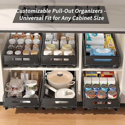 2 Pack Pull Out Cabinet Organizer, Slide Out drawers for cabinets, Heavy Duty Carbon Steel Roll Out Shelves for kitchen, bathroom, under sink, pantry (14.7’’-23.1’’ Slide, Adhesive & Screw)