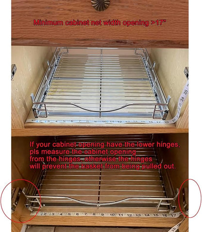 DINDON 1 Tier Pull Out Cabinet Organizer (17" W x 21" D) Heavy-Duty Metal Sliding Drawer Shelf, Slide Out Wire Basket for Kitchen Cabinets, Pantry, Bathroom, Chrome Finish…