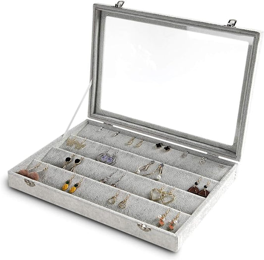 Frebeauty Earring Organizer Tray with Clear Lid 64 Slots Velvet Drawer Insert Earring Storage box with Transparent Glass lid Jewelry Display Case with lock Gifts for Girls Women (Grey, Earrings)
