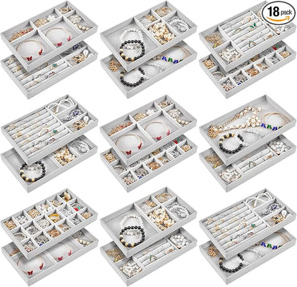 Junkin 18 Pcs Velvet Jewelry Tray Stackable Jewelry Drawer Organizer Jewellery Box Divided Display Tray for Earring Bangle(Gray)