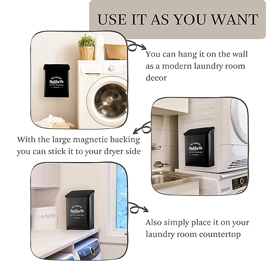 Magnetic Lint Bin for Laundry Room, Wall Mounted Lint Trash Can with Lid for Dryer, Laundry Room Organization and Storage with Brush(Black)