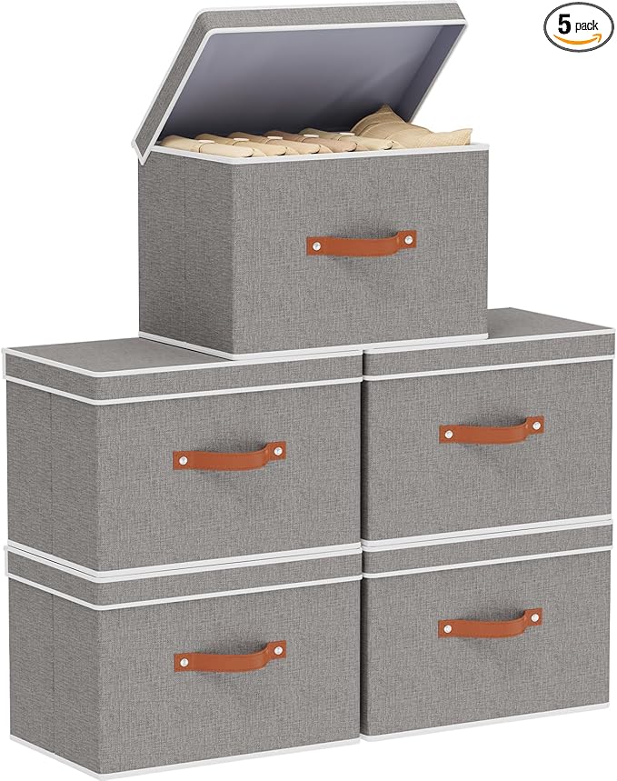 Storage Bins with Lids, Fabric Collapsible Boxes, 17.7 x 11.8 x 11.8 Inch Storage Baskets with Handles for Bedroom Laundry Bathroom, Grey, 5-Pack