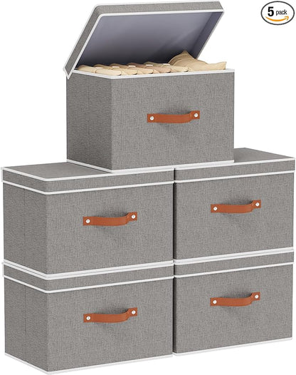 Storage Bins with Lids, Fabric Collapsible Boxes, 17.7 x 11.8 x 11.8 Inch Storage Baskets with Handles for Bedroom Laundry Bathroom, Grey, 5-Pack