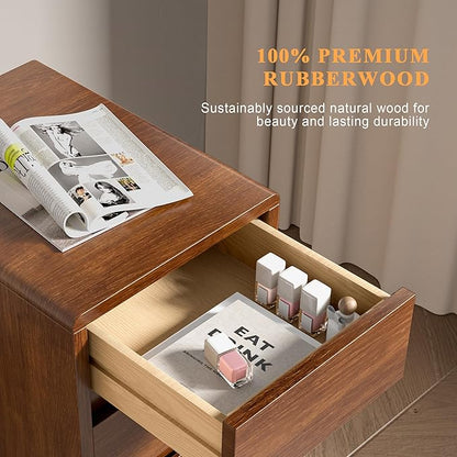 Nightstand with 3 Drawers Narrow Night Stand Solid Wood Bedside Table Mid Century Modern Nightstand Wooden End Table for Bedroom, Living Room, Study, Office